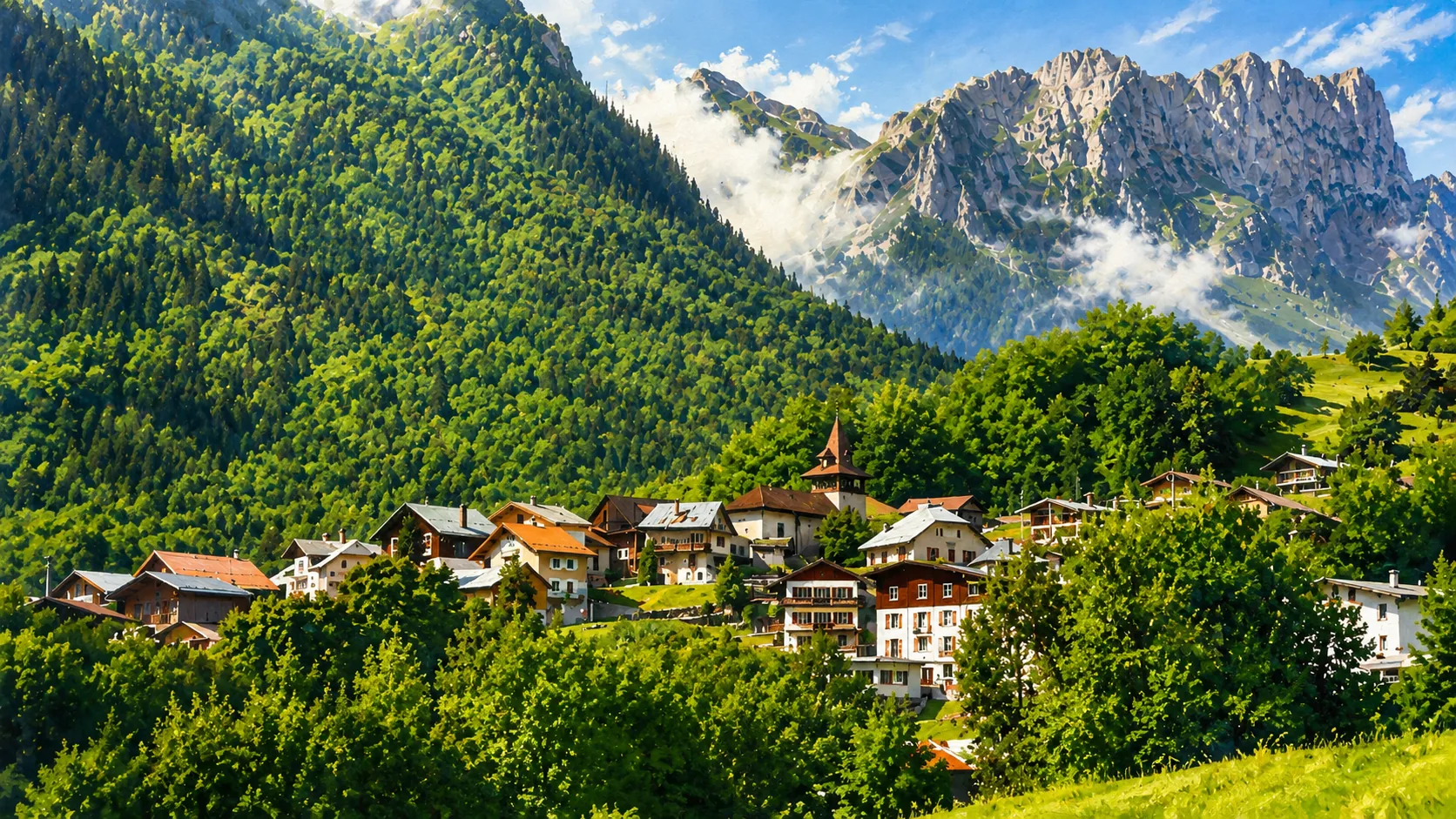 Vue panoramique du village de Novel niché dans les Alpes de Haute-Savoie à l'aube